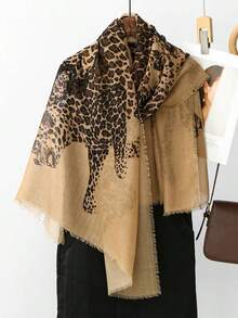1pc Vintage Chic Shawl For Women, European And American Style, Lightweight Luxury Leopard Print Silk Scarf, Fashion Accessory For Spring & Autumn - Brown - View 1