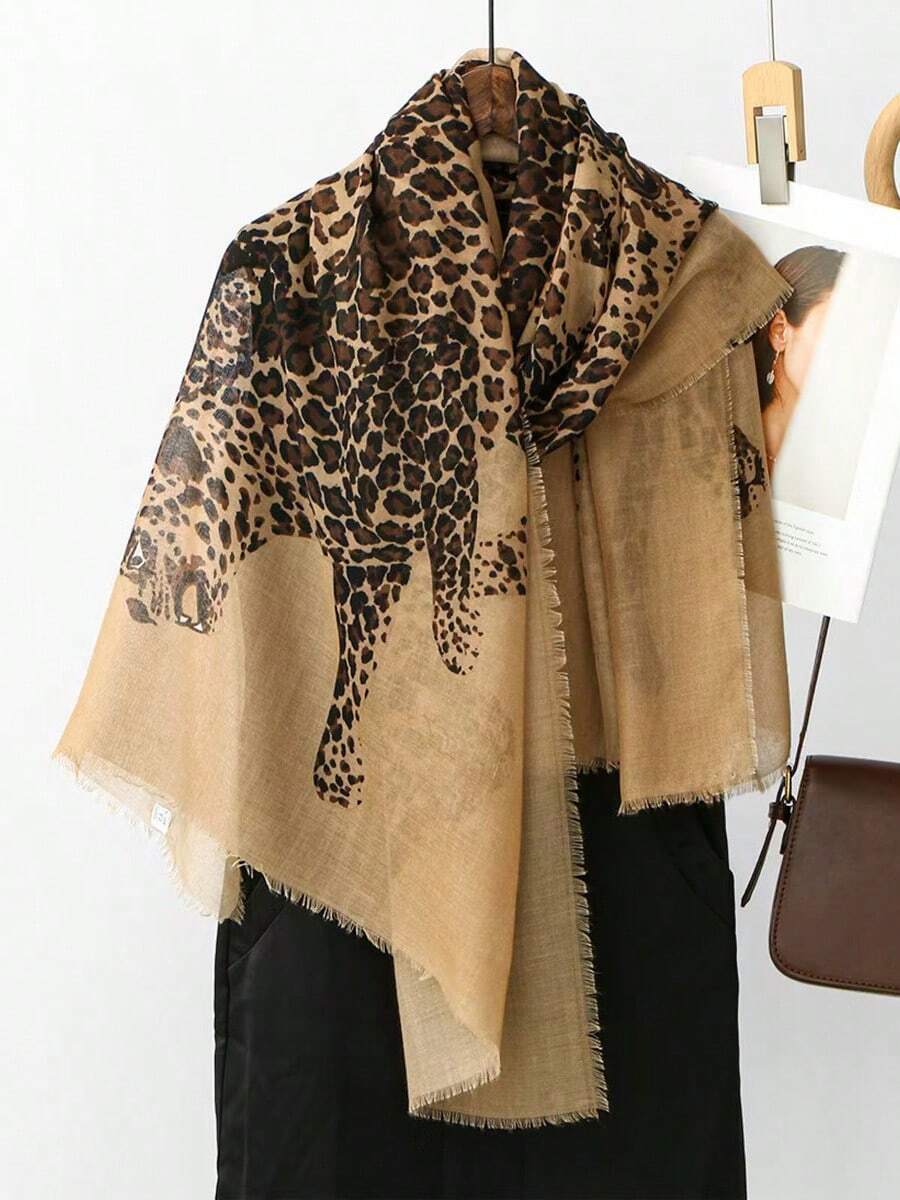 1pc Vintage Chic Shawl For Women, European And American Style, Lightweight Luxury Leopard Print Silk Scarf, Fashion Accessory For Spring & Autumn - Brown - View 1