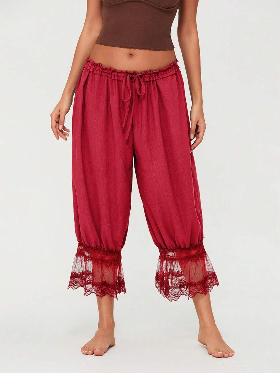 Women Y2K Half Slip Under Dress Pettipants Mid Rise Lace Patchwork Bloomers Trousers Ruffle Pantaloons Cropped Flared Pants Cute Pumpkin Long Pants - Cam đỏ - Xem 1
