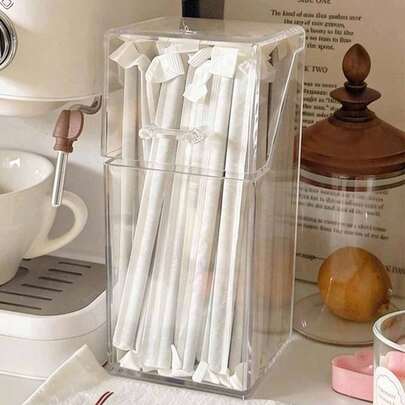 1pc Acrylic Dustproof Straw Storage Box, Capsule Coffee & Tea Bag Organizer Box With Lid, Random Color