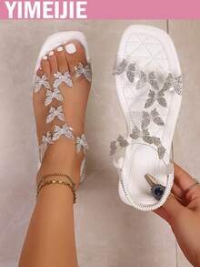 1 Pair Women's Flat Sandals, Fashion Beach Sandals, Butterfly Beach PVC Rhinestone Women's Flat Sandals, Square Toe Sandals, Spring/Summer - White - View 1
