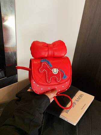Kids Diagonal Shoulder Bag, Red Bag With Cute Horse Decor, Parent-Child Bag
