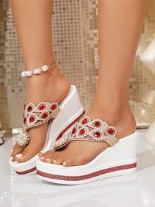 Women's Fashion Platform Wedge Sandals, Pearl & Rhinestone Decor, Slip-On Floral Thong Sandals, Casual Style For Spring/Summer Outdoor & Commute - Red - View 3