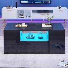 Coffee Table (100 X 50 X 40 Cm), Side Table With One Drawer, Sofa Table With Two Cabinets, High-Gloss Living Room Table With LED Light Strips, Coffee Table With 6 Storage Compartments, Black - Black - View 2