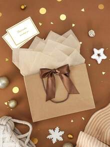 5pcs/1pc-Landscape-Style Kraft Paper Gift Bags, Shopping Bags, Packaging Bags With Handles, Bow-Decorated Handbags, Trick Or Treat, Halloween, White Large-Capacity Paper Bags, Halloween, Thanksgiving, Christmas, New Year, Wedding, Birthday Gift Packaging Bags, Simple Solid-Color Shopping Bags, Small Business Supplies - Brown - View 4