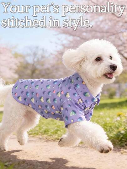 1pc Pet Dog Romantic Fashionable Cute Apparel, 5D Customized Print/Romantic Valentine's Day/Soft & Comfortable/Contrast Heart Pattern Print/Holiday Vibe/Designed Short Sleeve Shirt, For Small Pets/Puppies, Suitable For Holidays, Parties, Daily Matching, Multi-Occasion Wear, Spring/Summer/Autumn