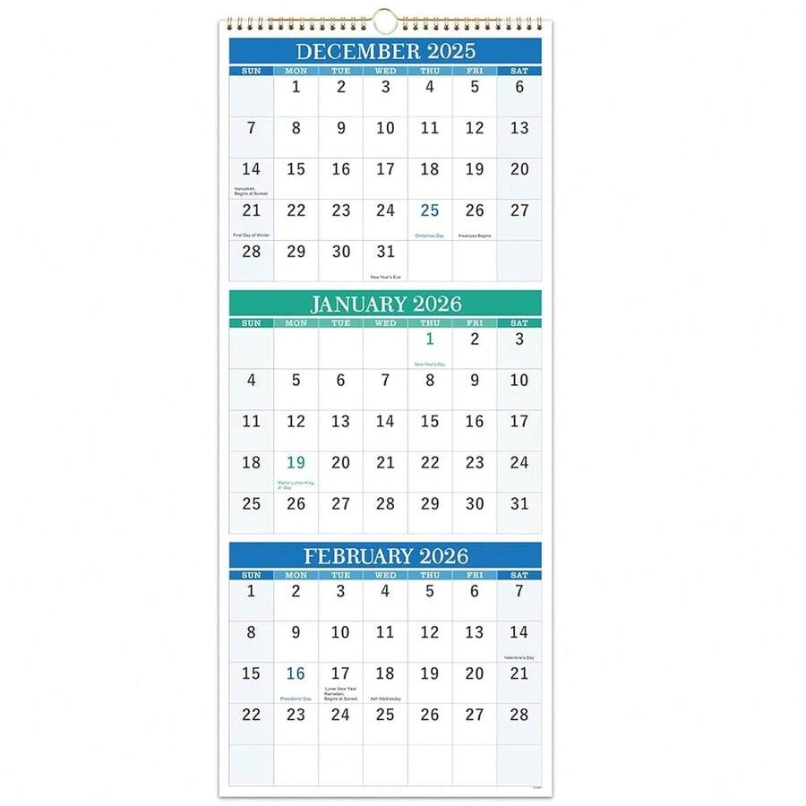 2026 Wall Calendar - 3 Month Calendar Vertical, January 2026 To December 2026, Calendar 2026 With Large Blocks, 11'' X 26'' (Open) - 2026年3月曆 - 查看 1