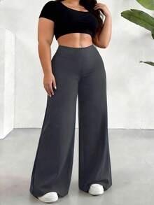 Plus Size Women's Solid Color High Waist Loose Straight Leg Pants, High Stretch Fabric Spring - Dark Grey - View 1