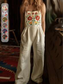 刺绣无袖连体裤，带口袋，女士夏季服装，度假/休闲，新年装扮
