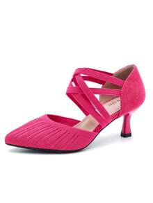 MAIERNISI JESSI Women's Low Kitten Heels Knit Pumps Elastic Crisscross Ankle Strap Slip On Dress Shoes - 玫紅色 - 查看 10