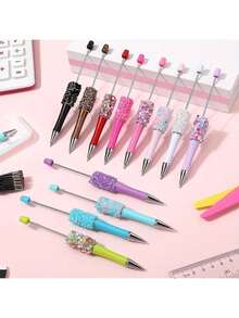 70 Pcs Petal Glitter Beadable Ballpoint Pens Set - Retractable Diamond Bead Pens, Includes 50 Refills & 10 Pen Bags, Plastic Bling Shaft Beaded Pens With Black Ink For DIY Party Office Use - Tối tăm - Xem 7