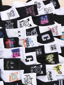 20双儿童袜子，涂鸦袜，街头袜，中筒袜，运动袜，带有涂鸦、字母、笑脸图案，适合青少年，男女通用，适合1-16岁儿童，透气、舒适、柔软 - 彩色 - 查看 4