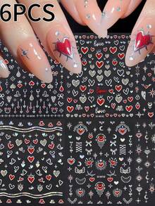6片/套 情人节红色爱心黑色线美甲贴纸 5D 立体贴纸 DIY 指甲油美甲贴纸