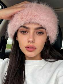1件秋冬季女士毛绒帽子发箍发饰，纯色加厚人造毛皮内衬保暖帽，带环，优雅日常佩戴配饰，可搭配外套 - 彩色 - 查看 3