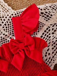 2pcs Baby Girl Sweet & Spicy Style Backless Bow Tie Sleeveless Ruffle Strap Camisole Top And Cherry Embroidery Ruffle Hem Denim Shorts Set - Red - View 5