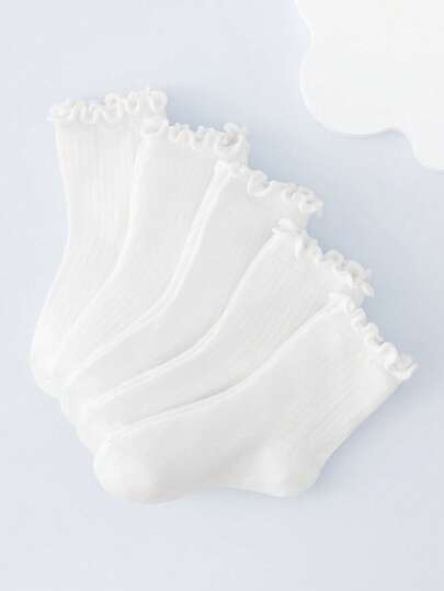 5 Pairs Children's Socks, Classic Solid Color Fashion Versatile Ruffle Trim Socks, Skin-Friendly Soft Comfortable Moisture-Wicking Breathable Casual Sports Socks, Suitable For Daily Life, Holidays, Outdoor Travel, Campus, Sports