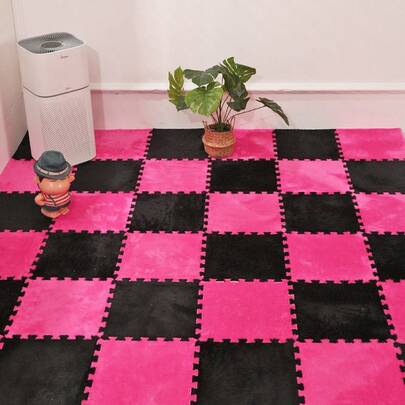 12pcs Plush Patchwork Floor Mat, Non-Slip EVA Foam Room Carpet, Washable, Bedroom & Playroom Puzzle Mat, Indoor Thickened Carpet, Plush Rug Bedroom Interlocking Tiles, Balcony Mat Suitable For Living Room & Bedroom