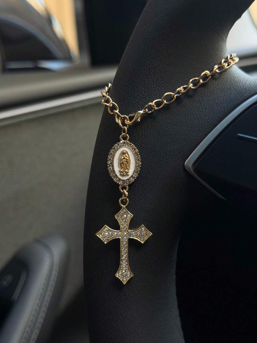 1个可调节15厘米方向盘装饰挂件，简约可爱念珠吊坠汽车配件，独特时尚汽车挂饰 - 白色橢圓盤+十字G款 - 查看 1