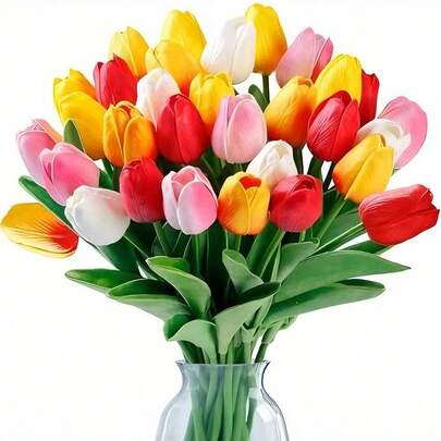 15pcs Mixed Color Tulip Artificial Flowers, Suitable For Home Kitchen Decor, Seasonal Decor, Wreath Accents, Ideal For Party, Wedding Bouquet, Office Floral Arrangement, Bedroom, Living Room