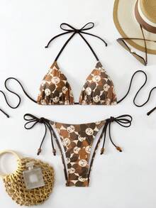 Bộ bikini hai mảnh buộc dây cổ in hình hoạt hình gợi cảm dành cho nữ, thích hợp cho mùa hè đi biển. - Nhiều màu - Xem 10