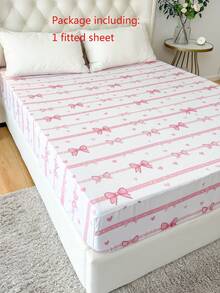 1件情人节爱心条纹蝴蝶结床裙，35厘米深口袋，粉色爱心条纹印花，100%轻盈涤纶床裙，浪漫爱心主题透气床上用品，卧室情人节装饰床裙，成人及少女适用 - 彩色 - 查看 6