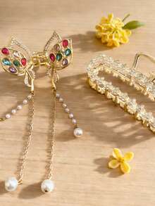 Y2K甜美少女风*汉服美学两件套发夹 - 流苏彩色宝石蝴蝶发夹 & 镶满水钻方形发夹 金色闪亮ins风发饰 汉服/日常/约会/派对发饰 度假发夹 时尚发夹 - 彩色 - 查看 1