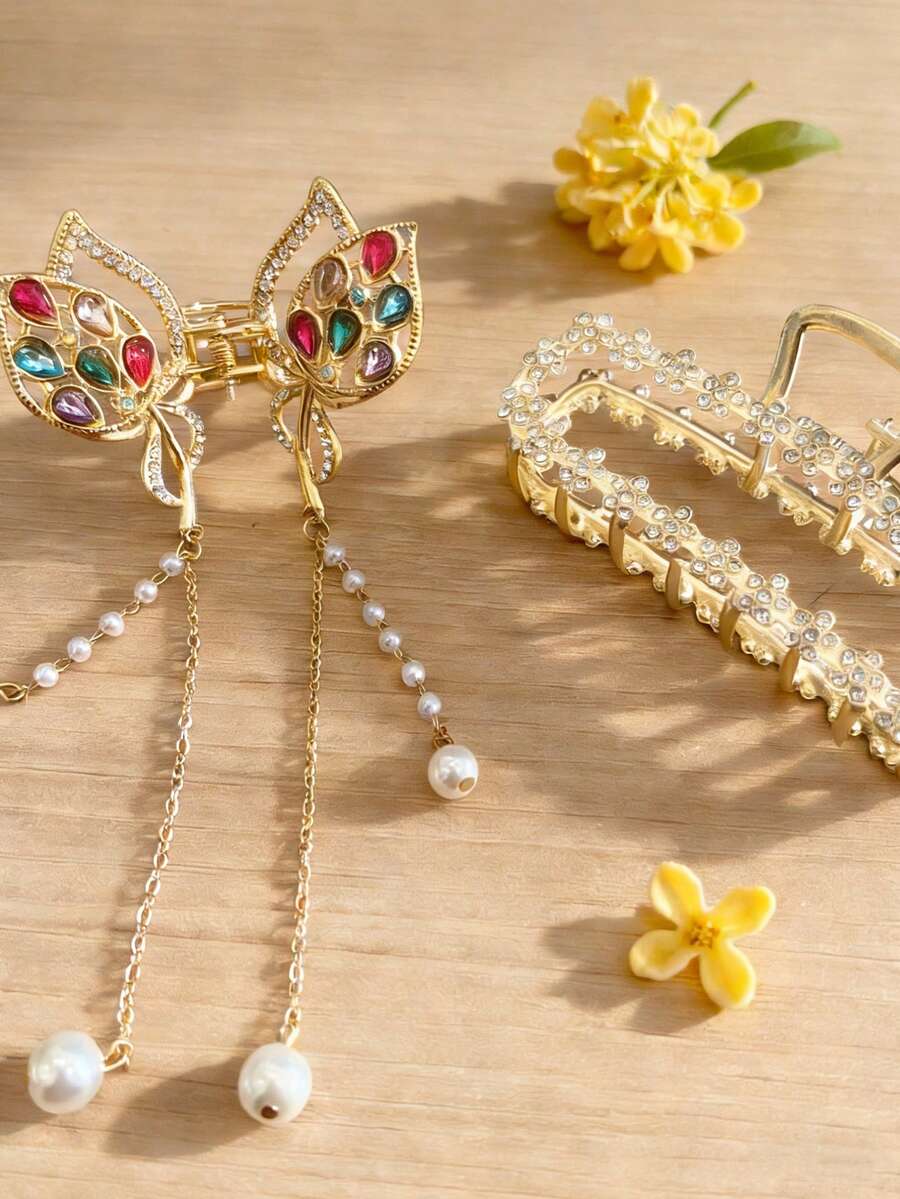 Y2K甜美少女风*汉服美学两件套发夹 - 流苏彩色宝石蝴蝶发夹 & 镶满水钻方形发夹 金色闪亮ins风发饰 汉服/日常/约会/派对发饰 度假发夹 时尚发夹 - 彩色 - 查看 1