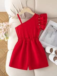 Bộ áo và quần bất đối xứng đính nơ và hạt cườm cho bé gái nhân dịp Lễ Tình nhân. - Đỏ - Xem 3