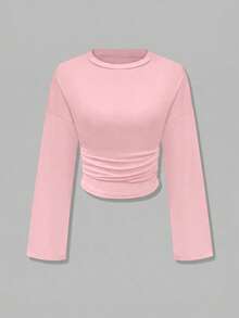New Stylish Solid Color Ruffle Trim Elegant Long Sleeve Round Neck Blouse, Suitable For Vacation, Date, School, Travel, And Daily Wear Pink Spring - Pink - View 6