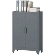 Louvered Door Filing Cabinet, Storage Cabinet, Metal Cabinet With 2 Adjustable Shelves, 75 X 33 X 110 Cm, Grey - Grey - View 1