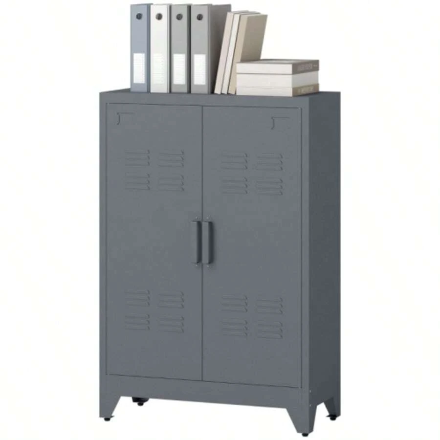 Louvered Door Filing Cabinet, Storage Cabinet, Metal Cabinet With 2 Adjustable Shelves, 75 X 33 X 110 Cm, Grey - Grey - View 1