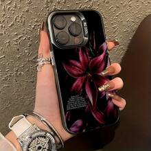 1pc Black Minimalist Personalized Black Background English Dew Red Lily Flower Pattern Phone Case, Suitable For IPhone 16 Pro Max, 17/16/15/14 Plus, 13/12/11, Air - Multicolor - View 5