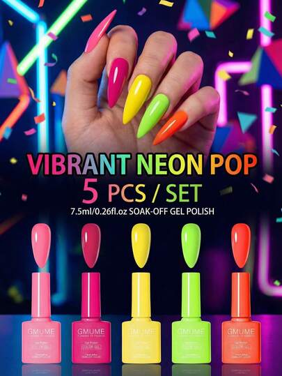 5Pcs Neon Summer Gel Polish Set (7.5ml) - Hot Pink, Lime Green, Yellow & Red. Color-Coated Bottles (True To Color). Vibrant Music Festival & Party Nail Art Nails