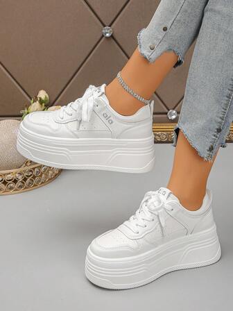 女士厚底运动鞋，纯色休闲户外系带鞋，时尚百搭白色运动鞋