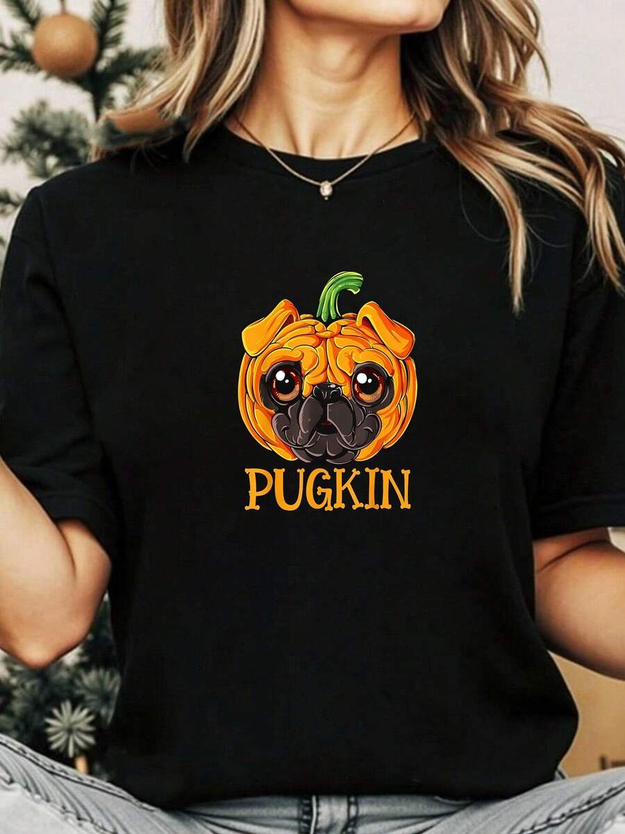 Pugkin Pumpkin Halloween Thanksgiving Hombres Mujeres Camiseta de perro - Negro - Ver 1
