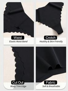 5pcs/Pack Women's Seamless Thong Panties, Low Waist Black Smooth Silky Invisible Underwear With Ruffled Trim, Basic Satin Sexy Thong, Thin Breathable G-String - Black - View 6