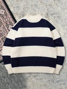 Sweater Patchwork Bergaris Klasik Unisex, Atasan Rajut Longgar Kasual Nyaman Bergaya Retro dengan Leher Bulat, Cocok untuk Musim Gugur dan Musim Dingin - Aprikot - View 6