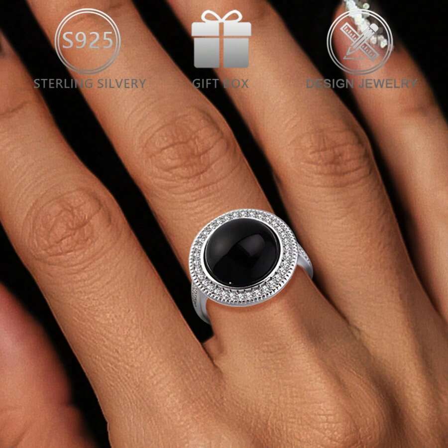 1pc 925 Sterling Silver Elegant Elegant Palace Style Faux Black Agate Simple French Style Ring For Women, Suitable For Daily Wear, Festivals, Gifts, Valentine's Day - Silver - View 1