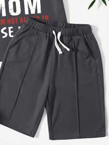 Conjunto informal de camiseta de manga corta con estampado de eslogan y pantalones cortos para niño joven - Gris Oscuro - Ver 4