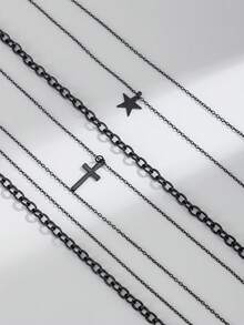 2pcs/Set Gothic Geometric Layered Tassel Cross & Star Pendant Necklace, Charm Jewelry For Men/Couples, Punk Hip-Hop, Vacation, Party, Casual, Street Style, Wedding, Rock Event, Holiday, Birthday, Versatile Gift - Necklace - View 7