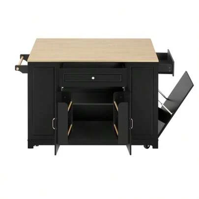 Kitchen Island With Wheels, Extendable Dining Area, Kitchen Island With Multifunctional Drawers And Waste Bin Compartment, Mobile Kitchen Island Ideal For Kitchen And Dining Room (Black)