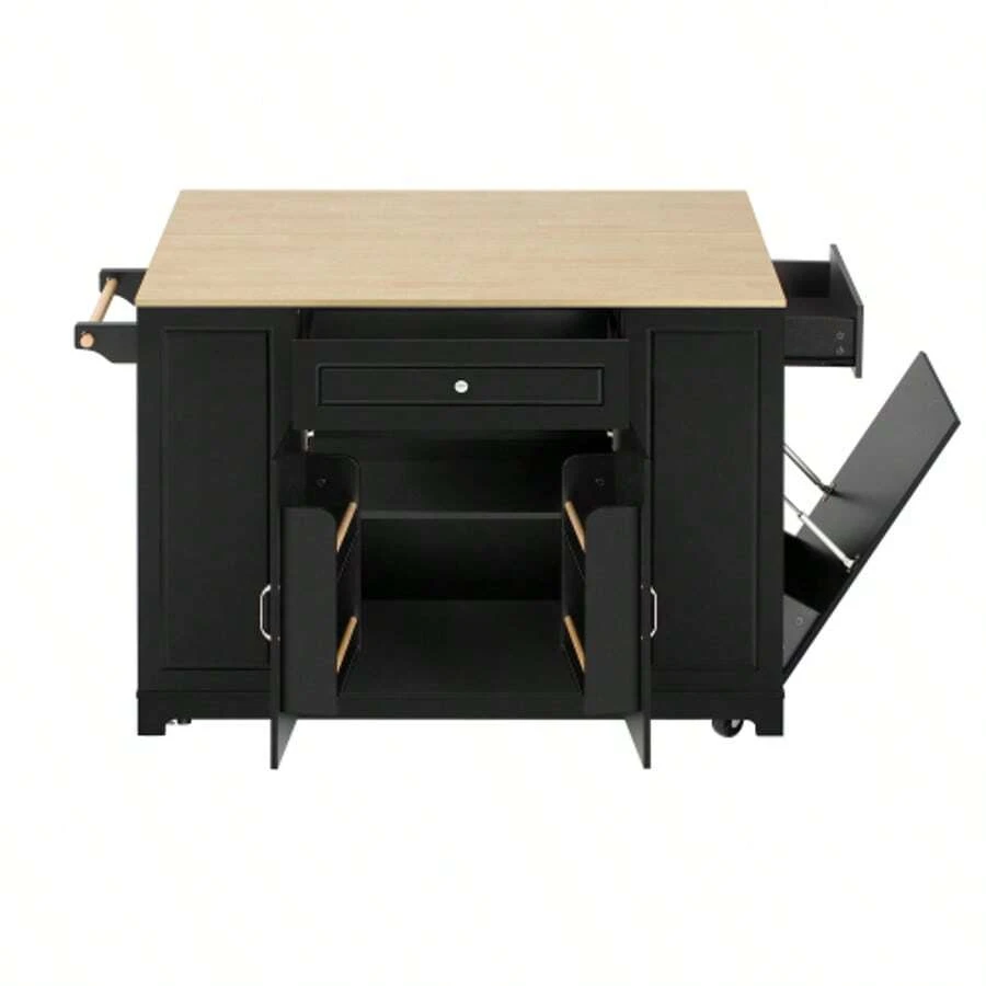 Kitchen Island With Wheels, Extendable Dining Area, Kitchen Island With Multifunctional Drawers And Waste Bin Compartment, Mobile Kitchen Island Ideal For Kitchen And Dining Room (Black) - Black - View 1