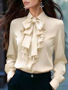 Women's Elegant Long Sleeve Blouse, Apricot Color With Tie Collar, Ruffle Trim And Bow Details, Regular Fit Top, Suitable For Work, Spring, Autumn - Apricot - View 3