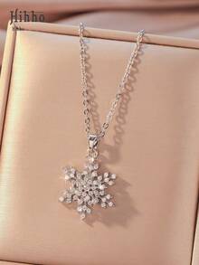 Hihho 1入組精美方晶鋯石裝飾雪花吊墜項鍊適合女士適合派對 - 銀色 - 查看 10