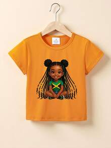 少女卡通印花休闲百搭日常短袖T恤 - 橘色 - 查看 3