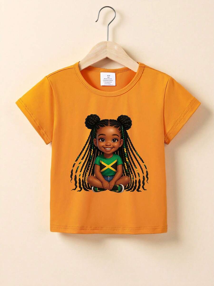 Young Girls Cute Jamaica Girl Graphic Print Short Sleeve T-Shirt, Summer - Orange - View 1