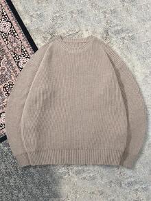 Unisex Textured Casual Knit Pullover Top, Relaxed Style, Suitable For Autumn And Winter - Khaki - View 3