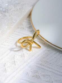 1pc Exquisite And Simple Stainless Steel Gold Bow Ring, Suitable For Girls, Fashionable Everyday Party Jewelry, Stylish Jewelry Gift. - Gold - View 6