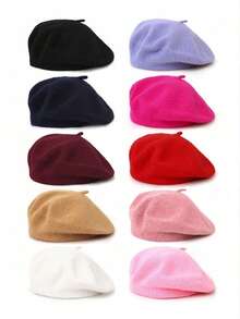 1顶/2顶女士纯色羊毛保暖贝雷帽，法式经典纯色针织帽，适合休闲和派对场合穿着 - 彩色 - 查看 10