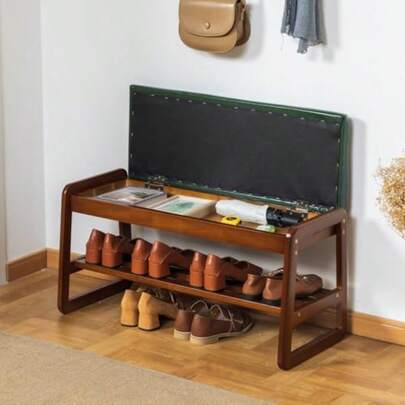 Solid Wood Shoe Bench 2-Tier Entryway Bench With Cushion And Flip-Open Storage Box Mid-Century Modern Shoe Bench Rack For Hallway Mudroom Green 80cm 31.5 Inches